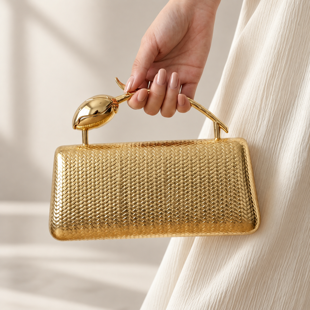 Camille Metallic Woven-Texture Evening Clutch with Sculptural Gold Handle