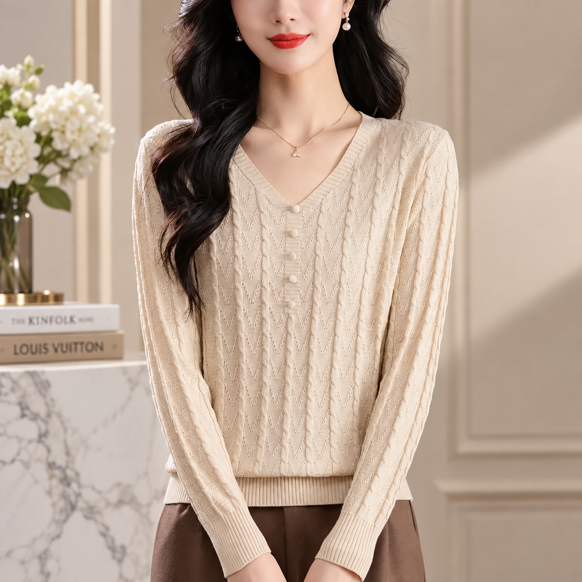 Francesca Women's Cable Knit V-Neck Sweater with Decorative Button Placket