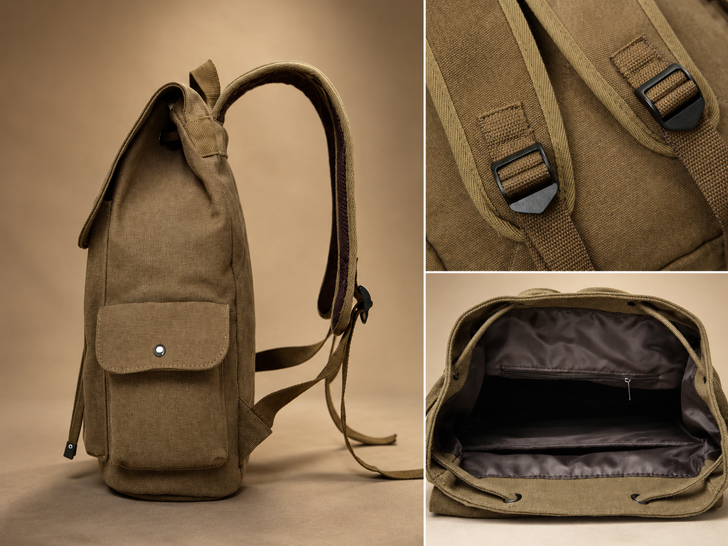 Callum Canvas Drawstring Backpack – Flap Top Rucksack with Side Pockets