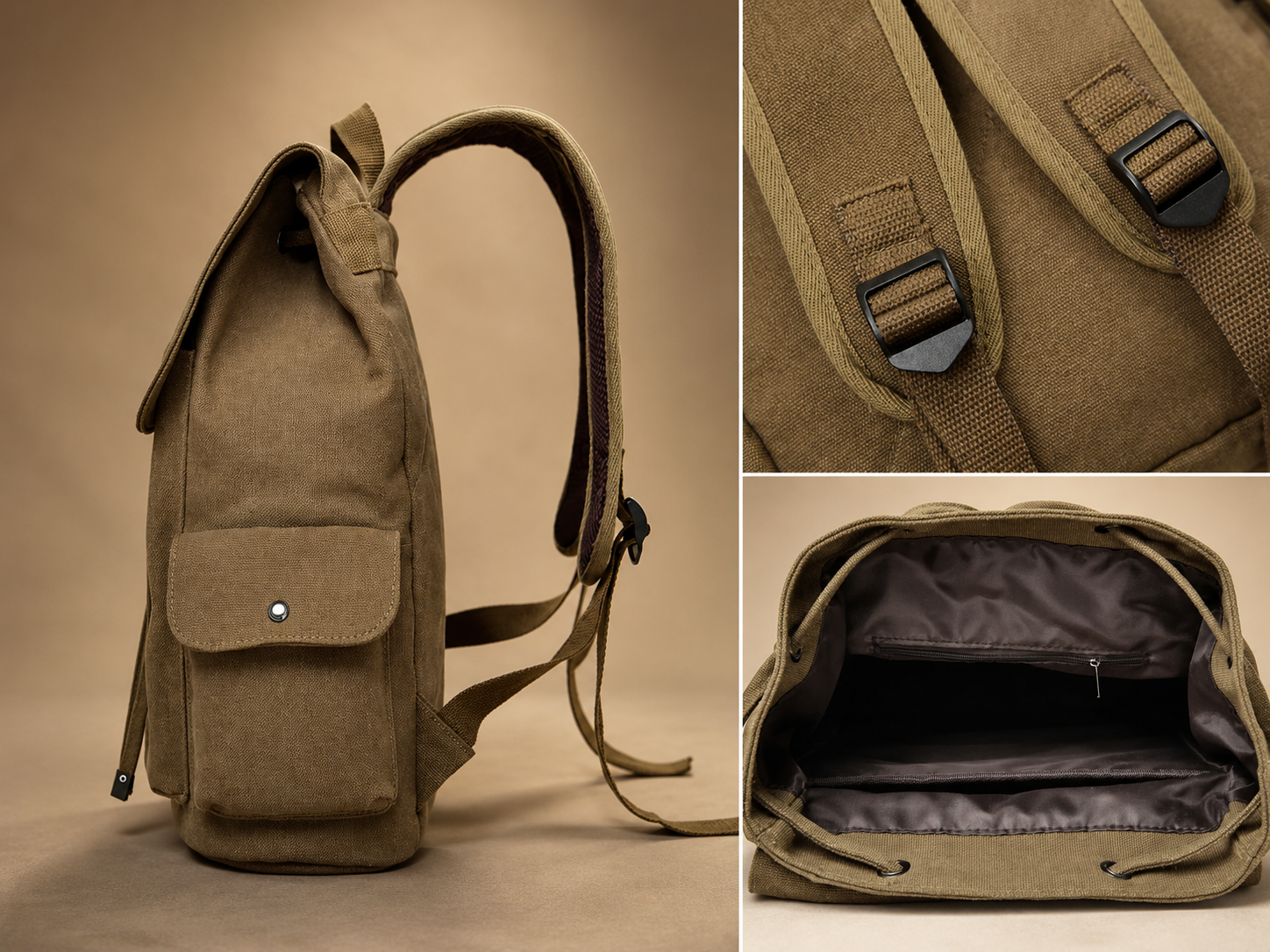 Callum Canvas Drawstring Backpack – Flap Top Rucksack with Side Pockets