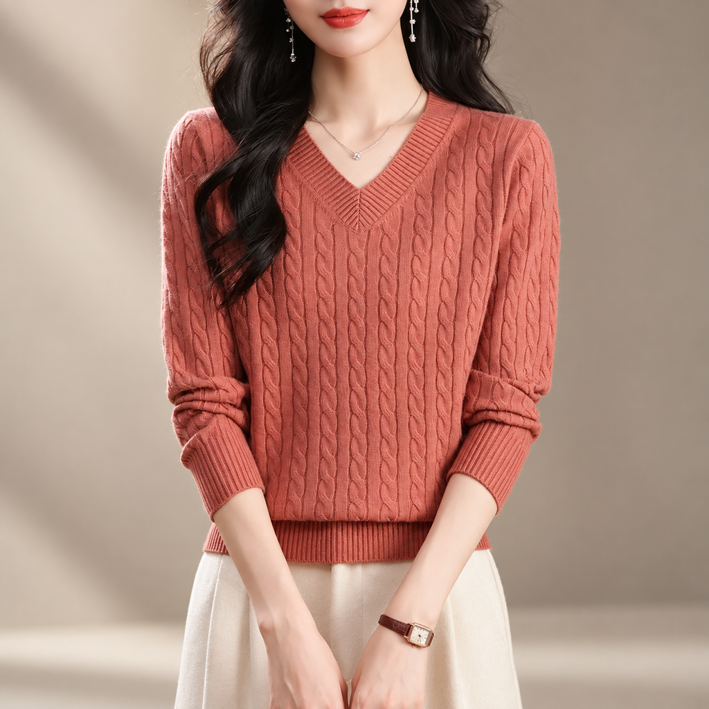 Valentina Women's Cable Knit V-Neck Sweater with Ribbed Trim