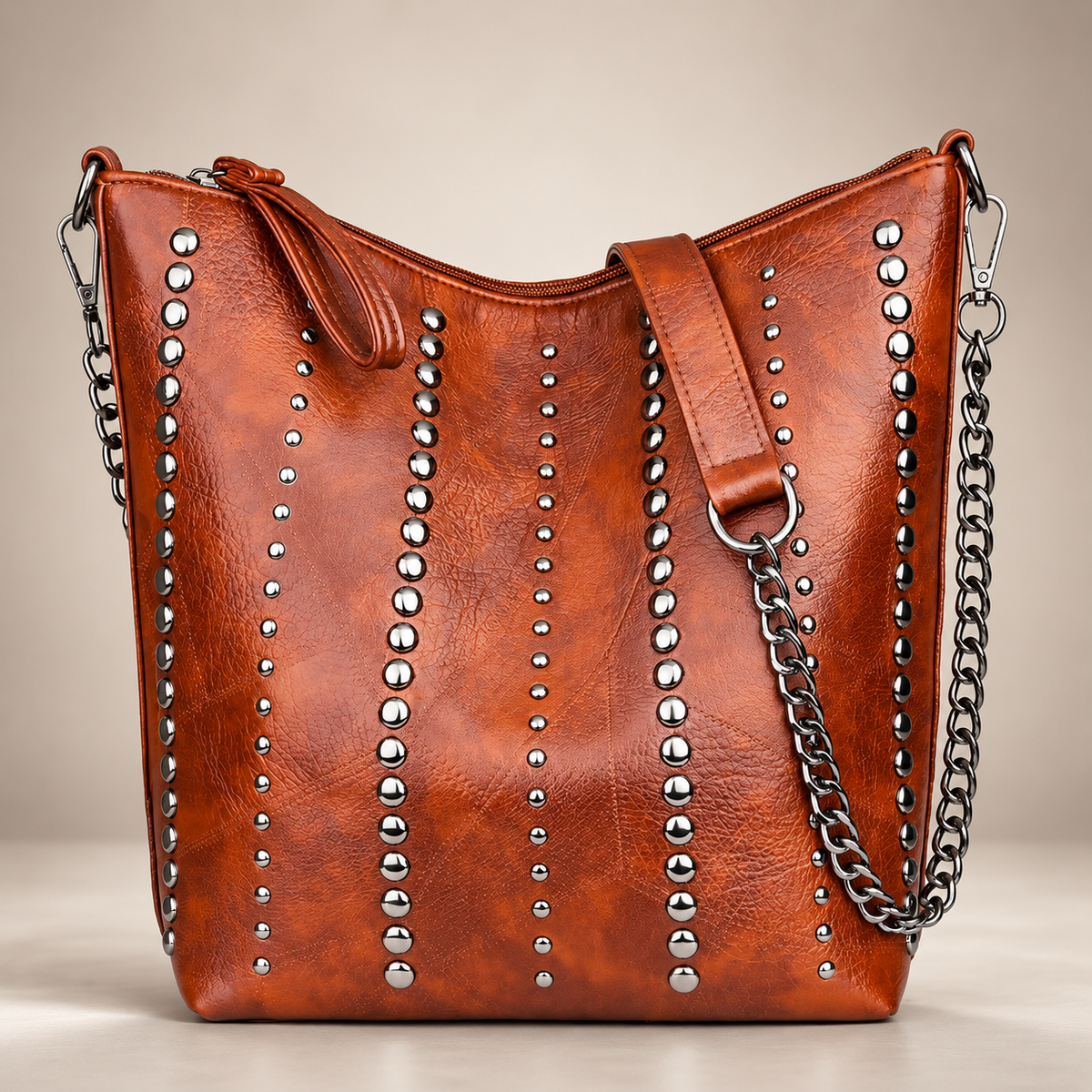 Madeline Studded Bucket Shoulder Bag with Chain Accent