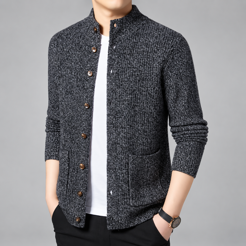 Adrian Men’s Marled Knit Button Cardigan with Stand Collar