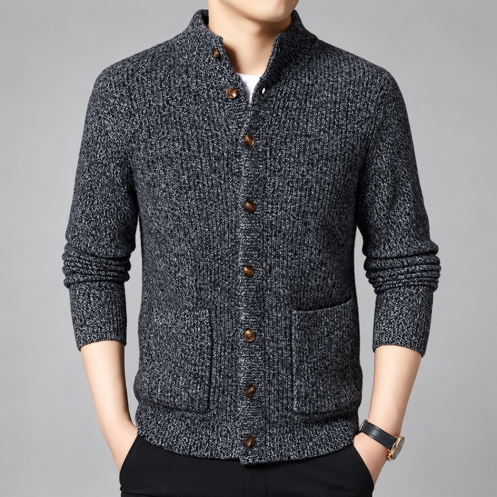 Adrian Men’s Marled Knit Button Cardigan with Stand Collar