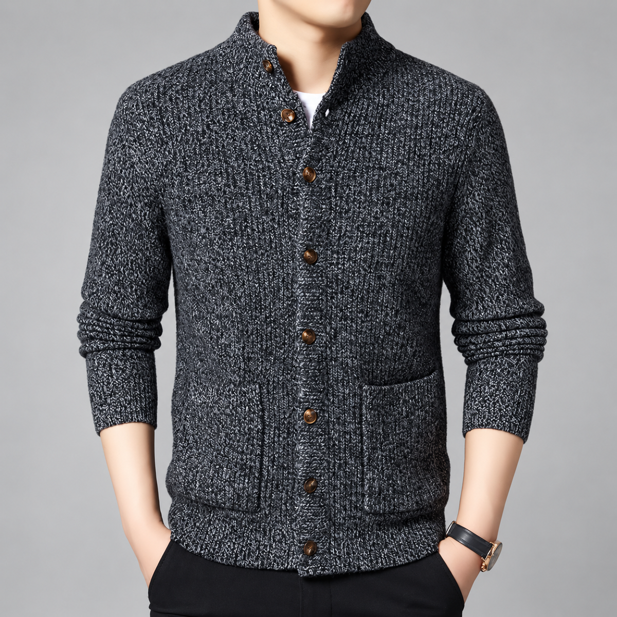 Adrian Men’s Marled Knit Button Cardigan with Stand Collar