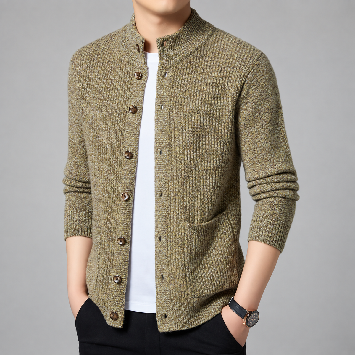 Adrian Men’s Marled Knit Button Cardigan with Stand Collar