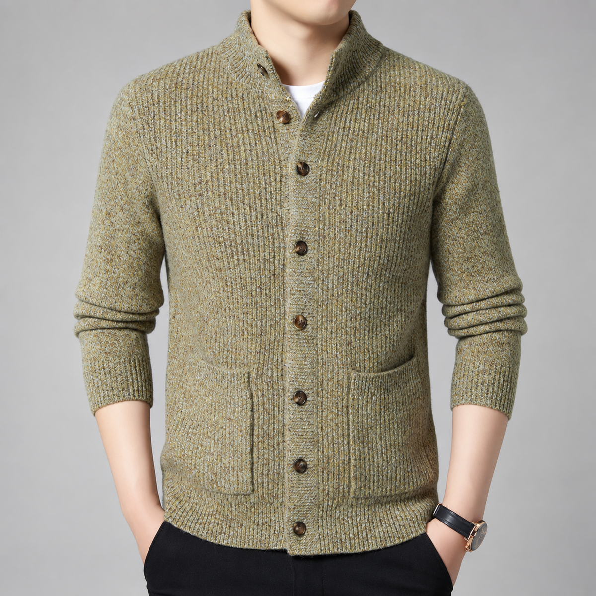 Adrian Men’s Marled Knit Button Cardigan with Stand Collar