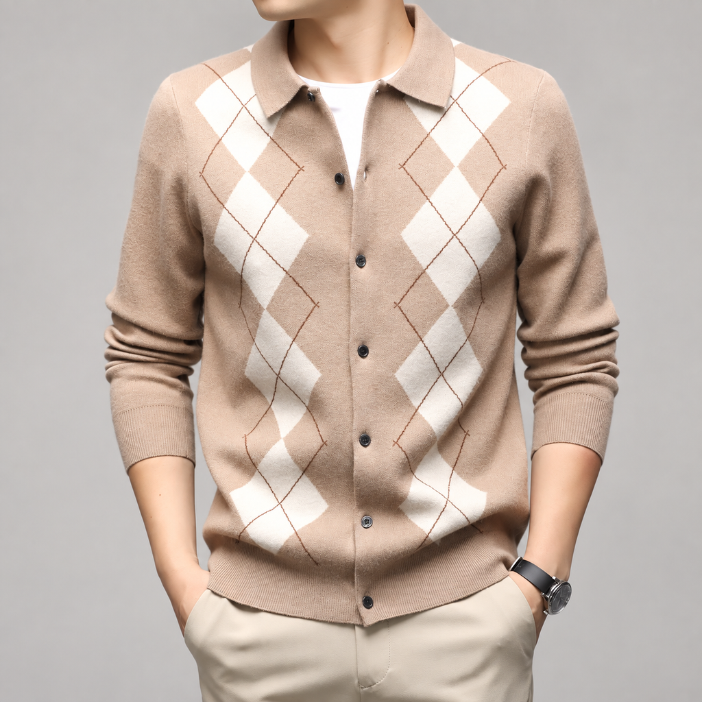 Alessio Men’s Argyle Button-Front Knit Cardigan with Collar