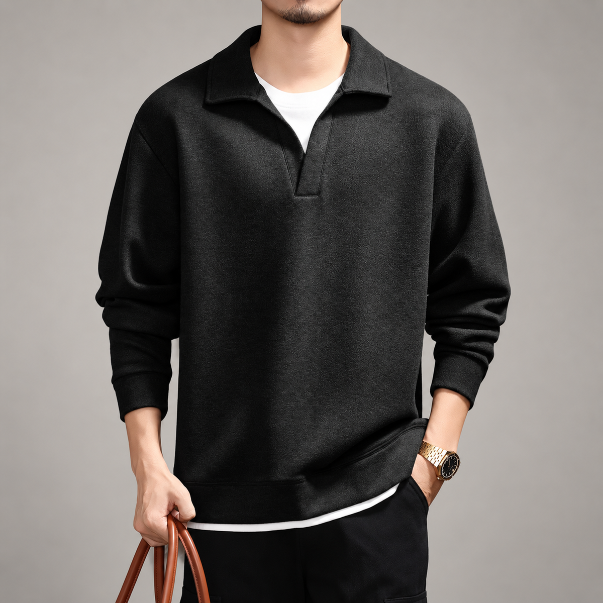 Gualtiero Men's Textured Long Sleeve Polo Pullover