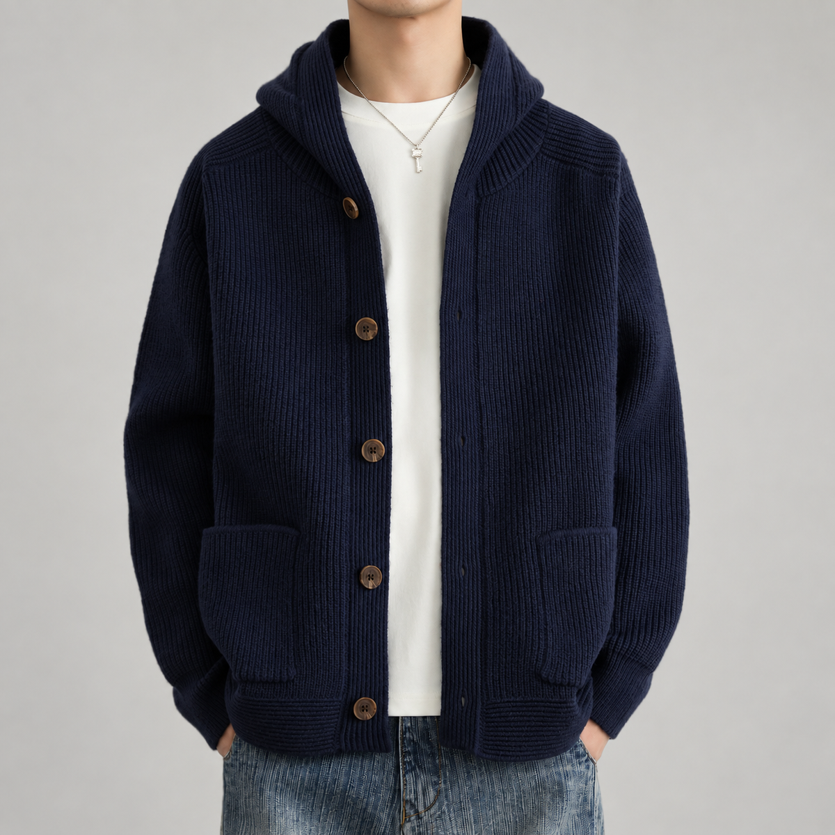 Bastien Men’s Hooded Rib-Knit Button Cardigan with Patch Pockets