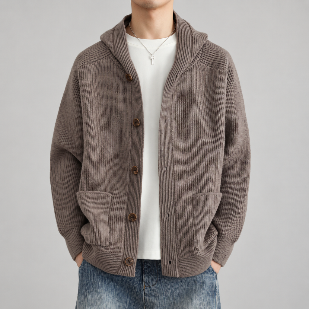 Bastien Men’s Hooded Rib-Knit Button Cardigan with Patch Pockets