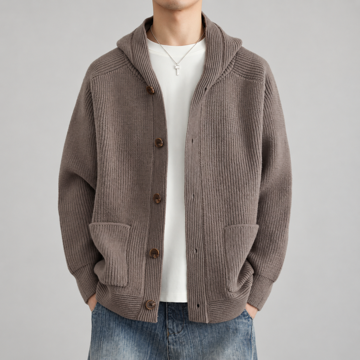 Bastien Men’s Hooded Rib-Knit Button Cardigan with Patch Pockets