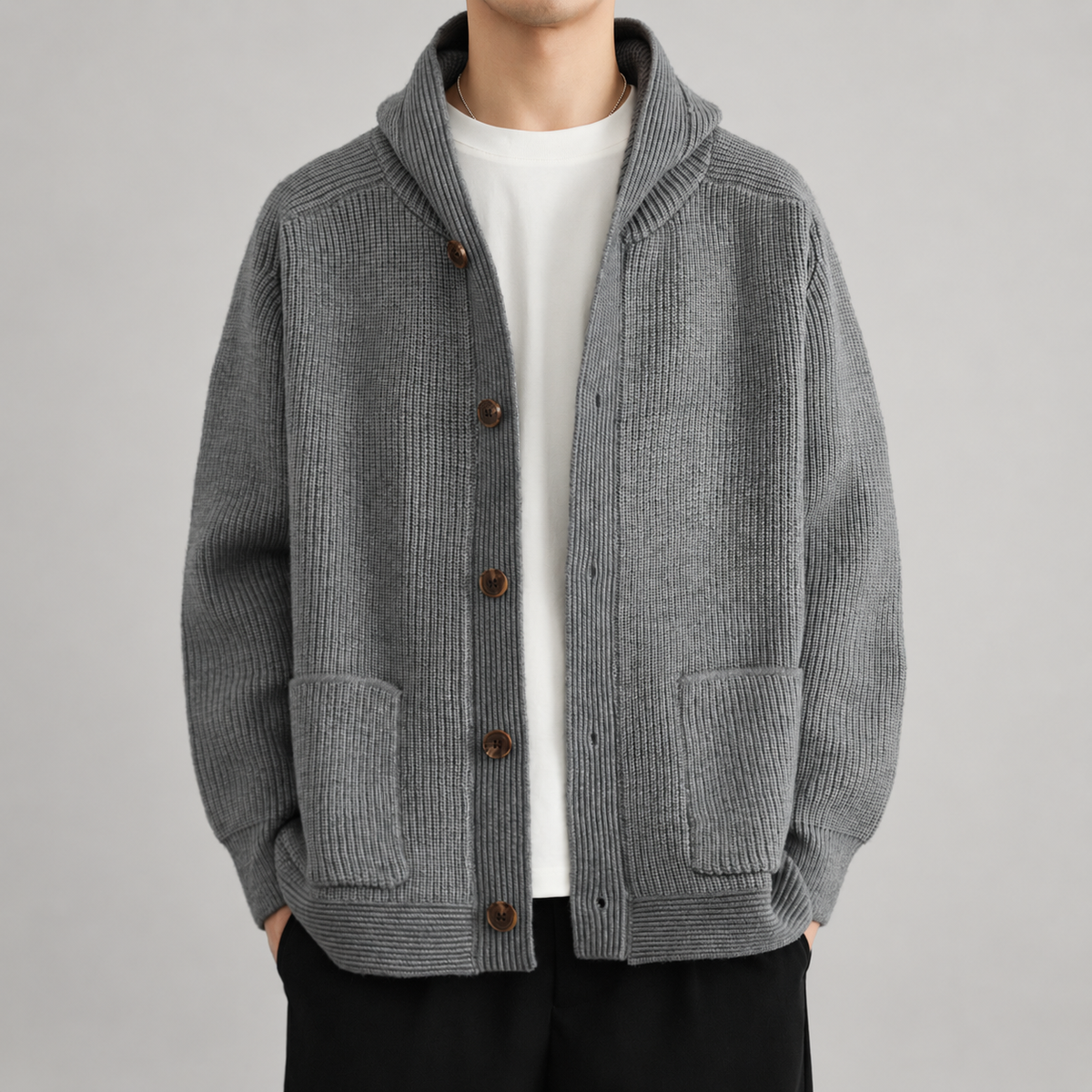 Bastien Men’s Hooded Rib-Knit Button Cardigan with Patch Pockets