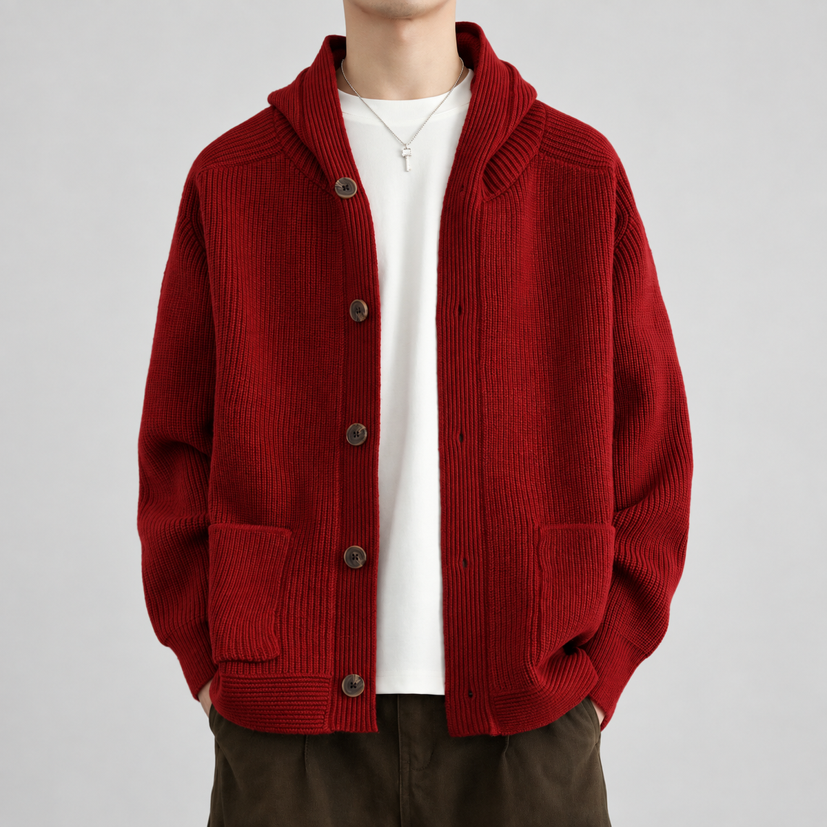 Bastien Men’s Hooded Rib-Knit Button Cardigan with Patch Pockets