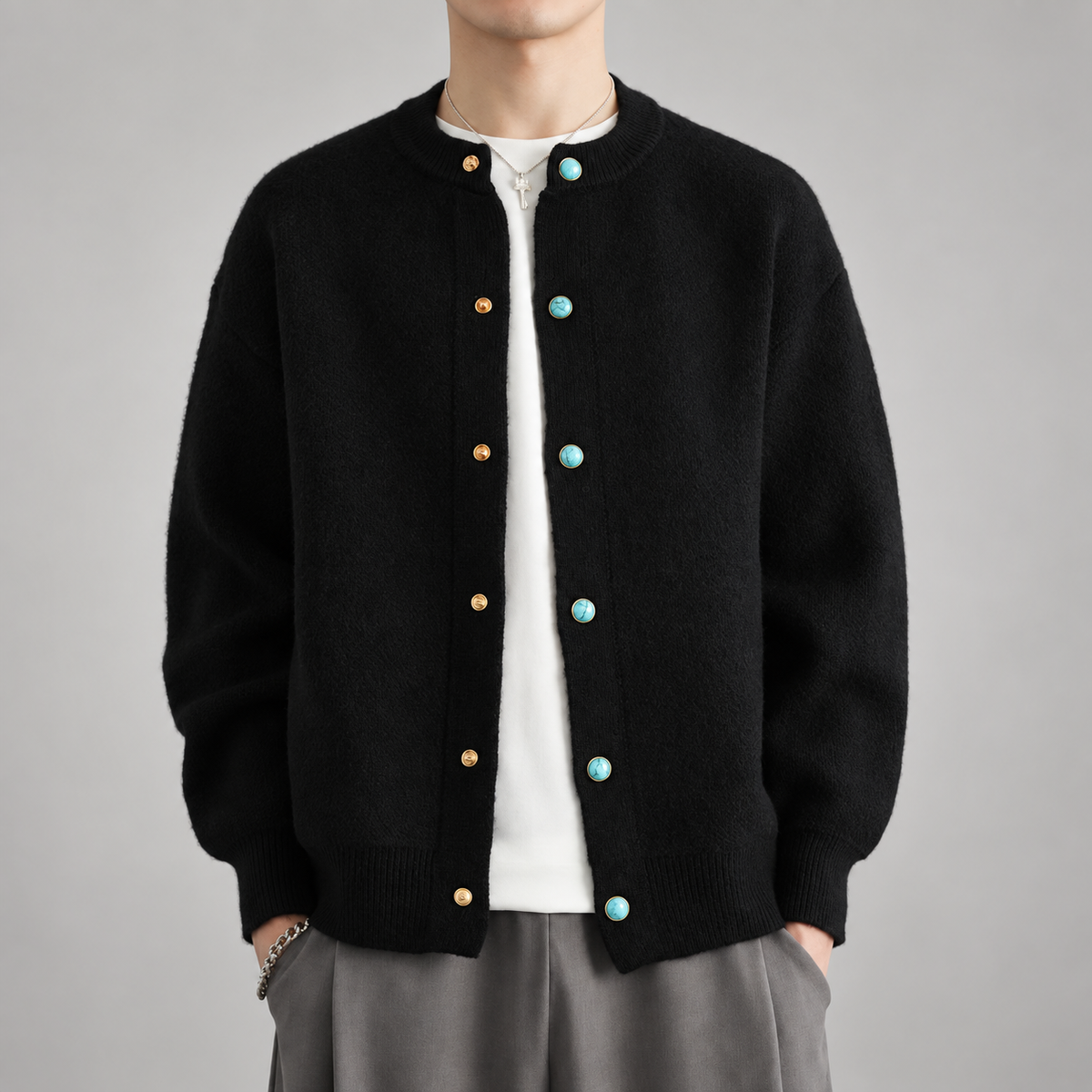 Benedict Men’s Textured Knit Cardigan with Mixed Decorative Buttons