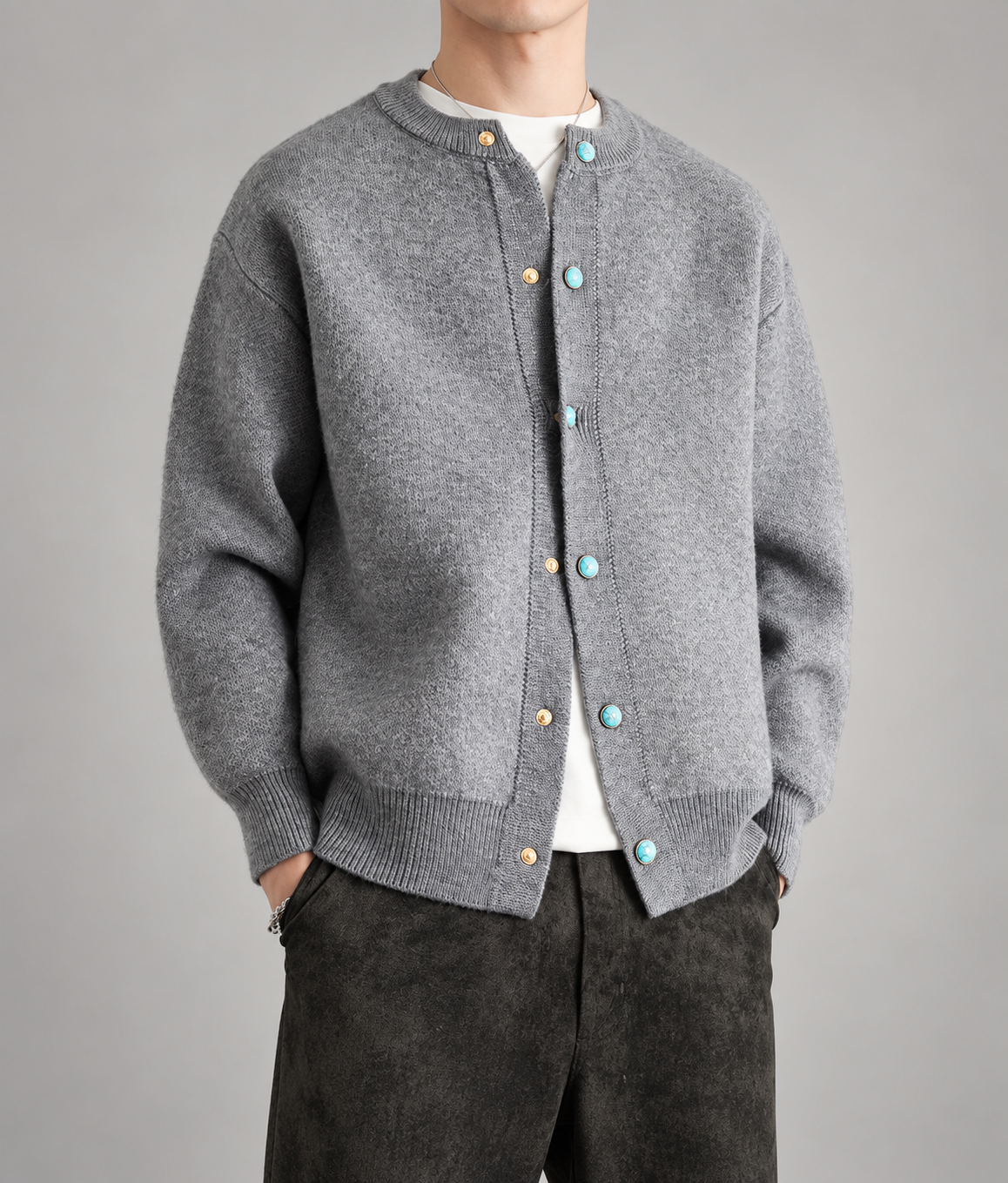 Benedict Men’s Textured Knit Cardigan with Mixed Decorative Buttons