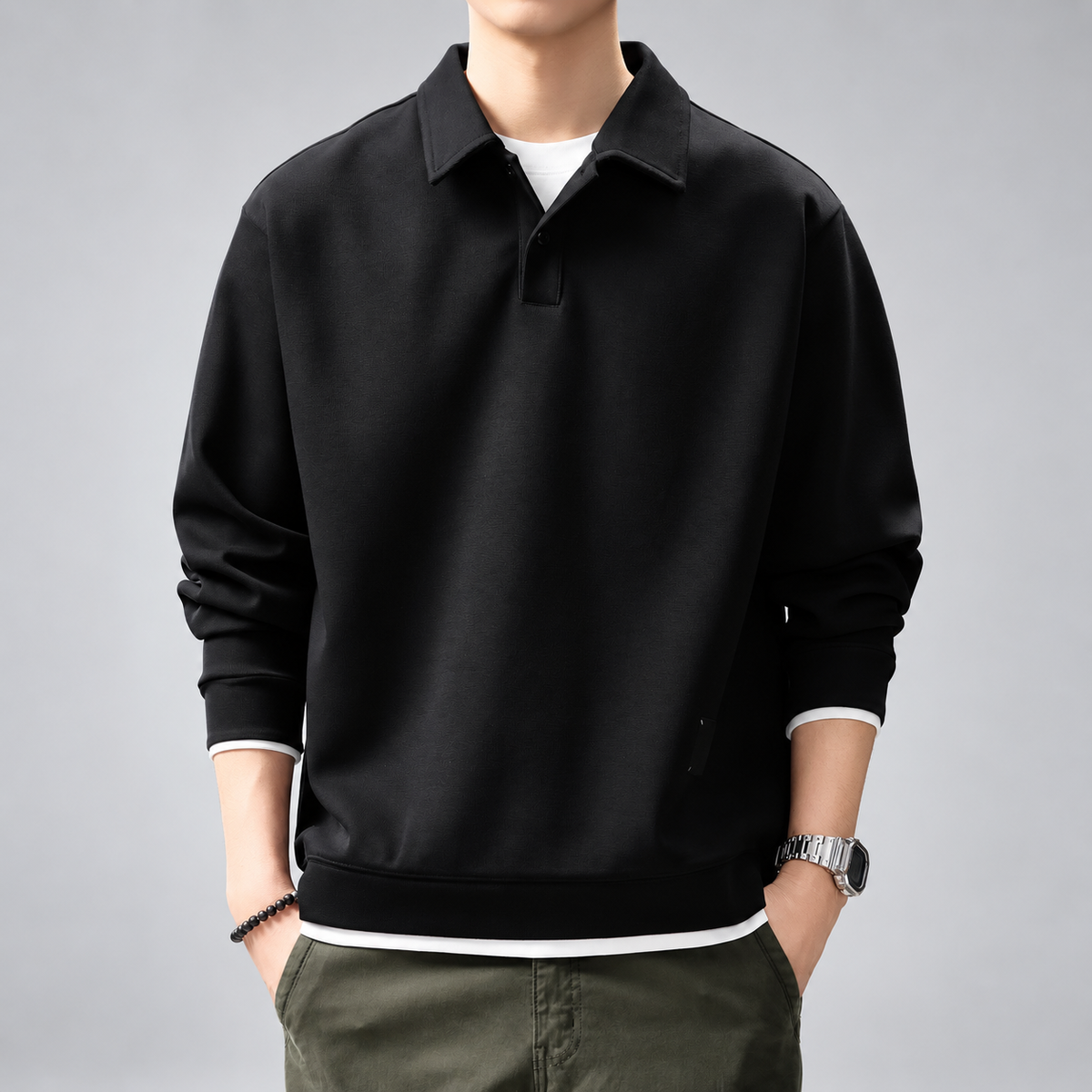 Vincenzo Men's Black Long Sleeve Polo Sweatshirt