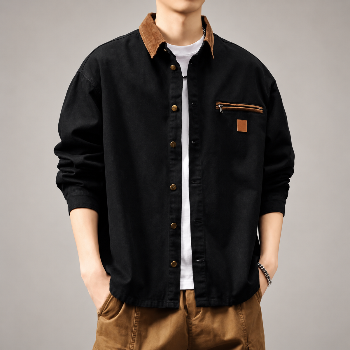 Auberon Men's Contrast Collar Overshirt with Zip Chest Pocket