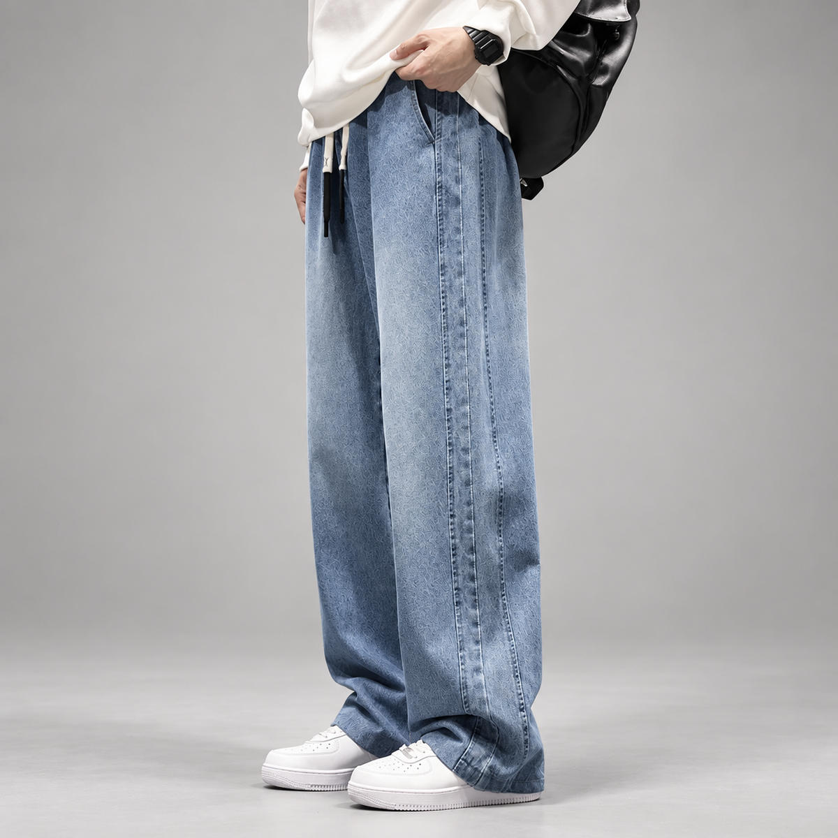 Blaine Men’s Extra Wide-Leg Drawstring Jeans with Side Panel Seams