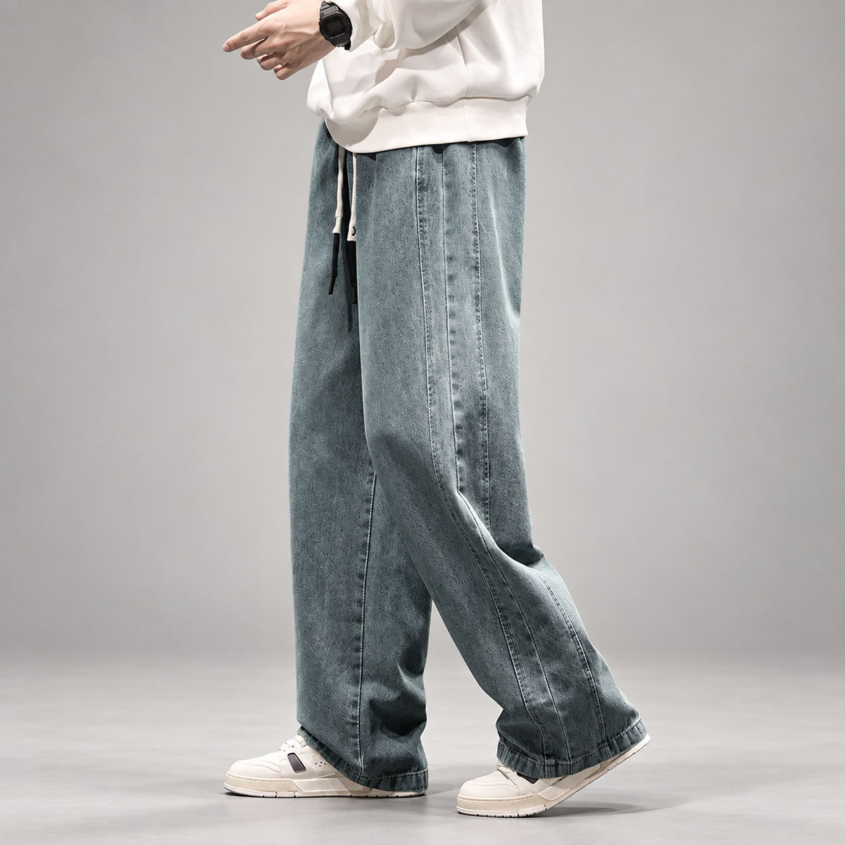 Blaine Men’s Extra Wide-Leg Drawstring Jeans with Side Panel Seams
