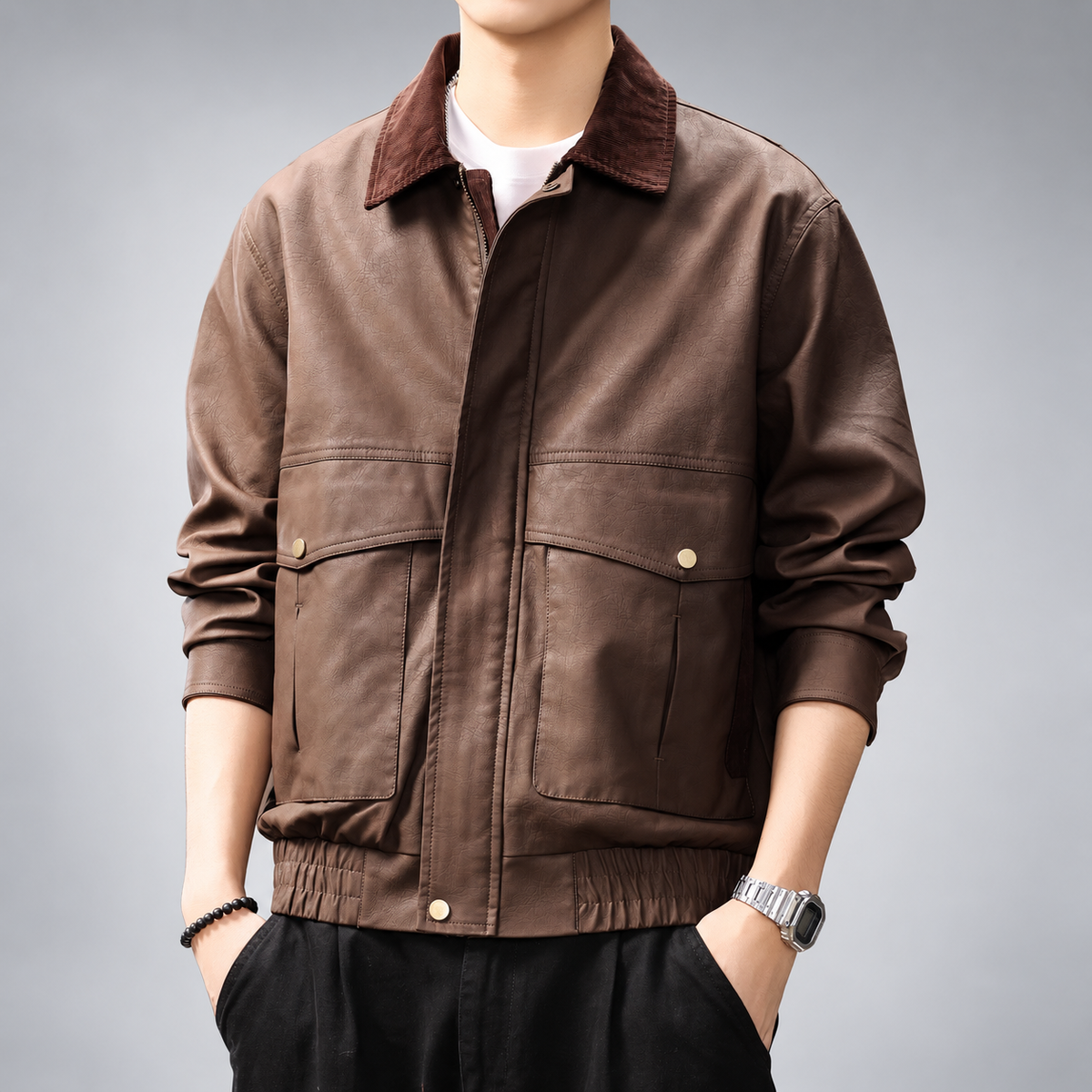 Aaron Men's Textured Bomber Jacket with Contrast Corduroy Collar