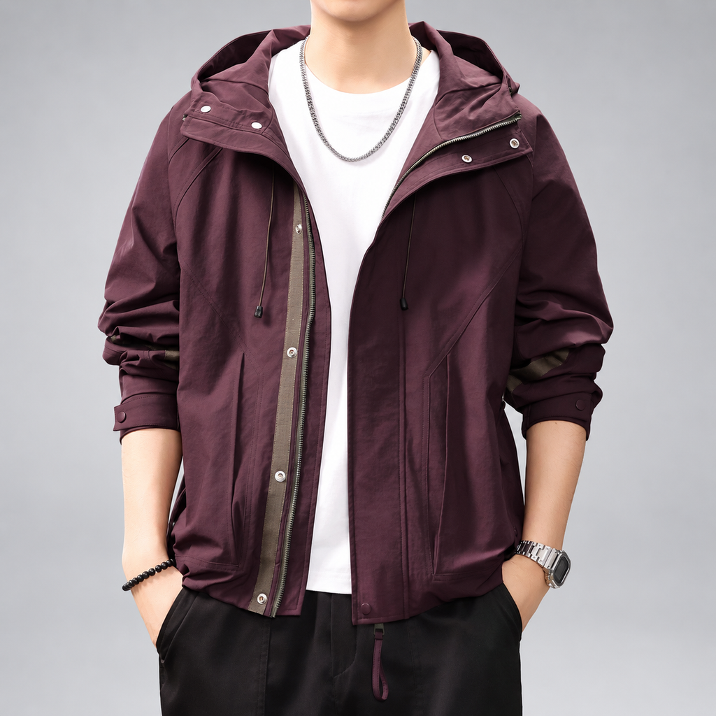 Fiorenzo Men's Hooded Zip-Front Jacket with Contrast Sleeve Trim
