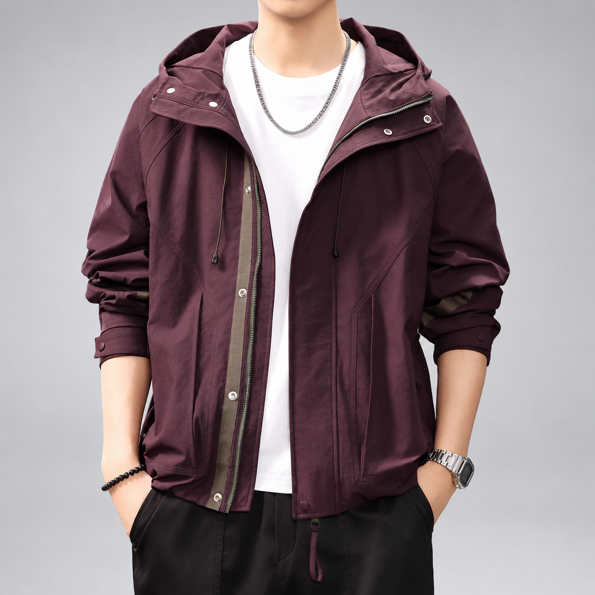 Fiorenzo Men's Hooded Zip-Front Jacket with Contrast Sleeve Trim