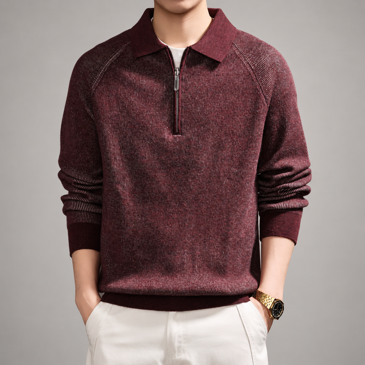 Gaspard Men’s Textured Knit Collared Pullover