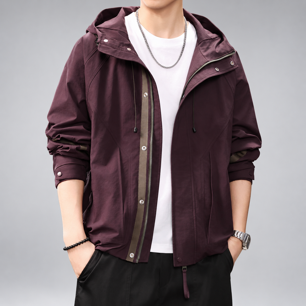 Fiorenzo Men's Hooded Zip-Front Jacket with Contrast Sleeve Trim