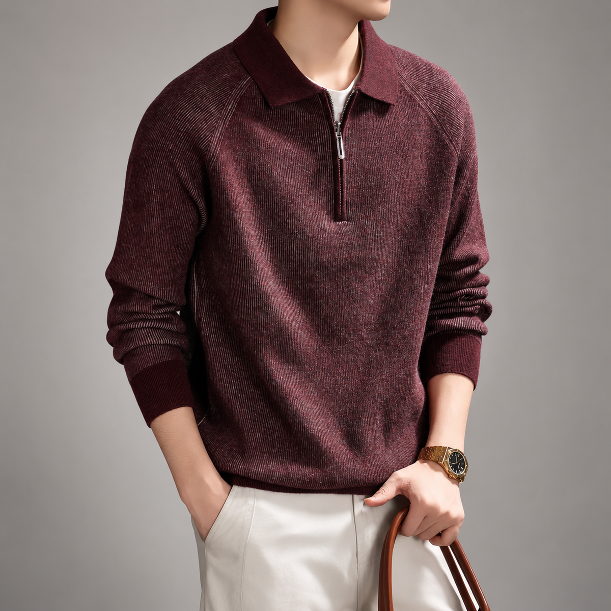 Gaspard Men’s Textured Knit Collared Pullover