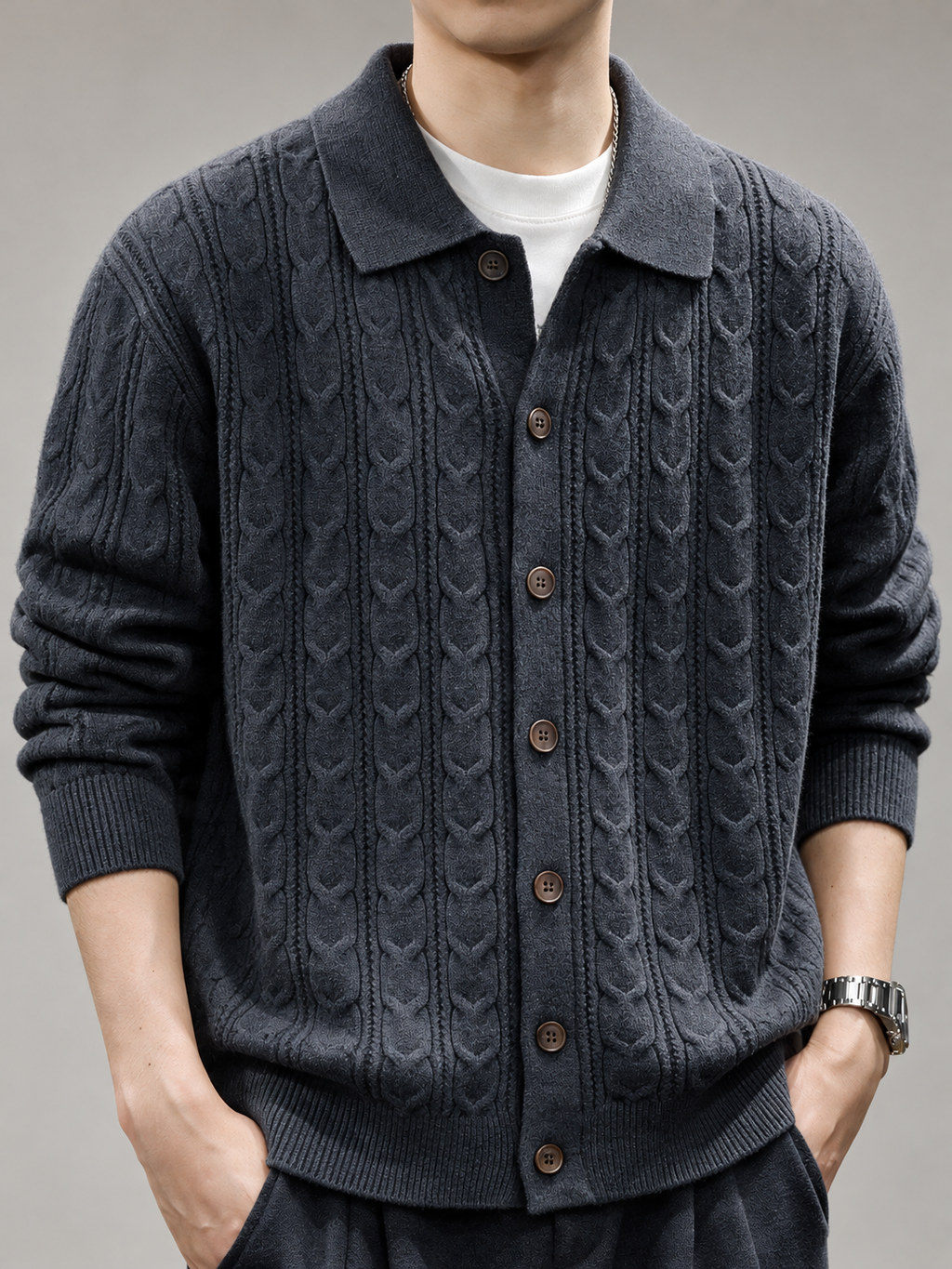 Toby Men's Collared Cable Knit Cardigan Sweater