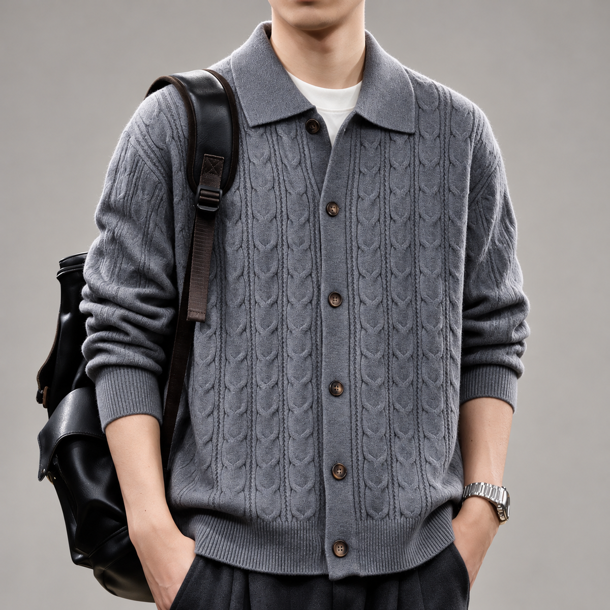 Toby Men's Collared Cable Knit Cardigan Sweater