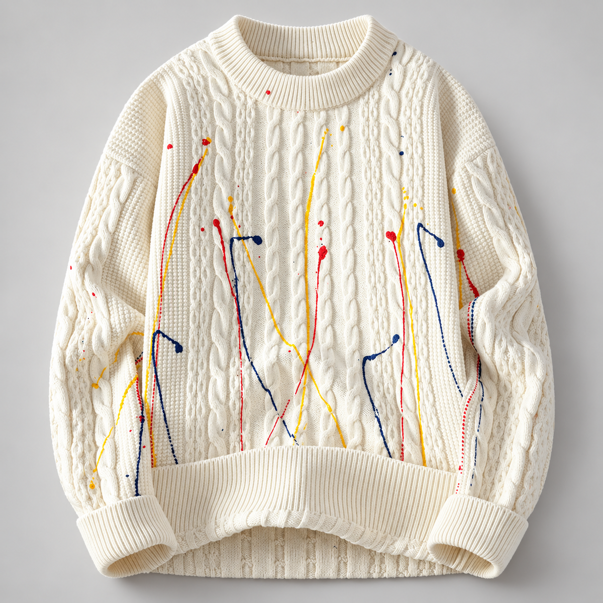 Camille Cable Knit Crewneck Sweater with Colorful Paint Splatter Design