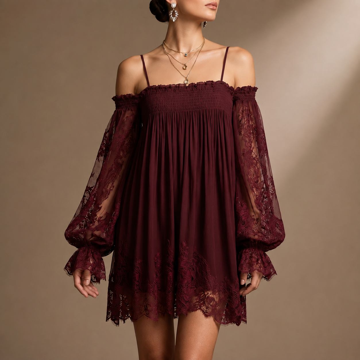 Camille Women’s Off-Shoulder Lace Dress – Sheer Sleeve Midi Dress