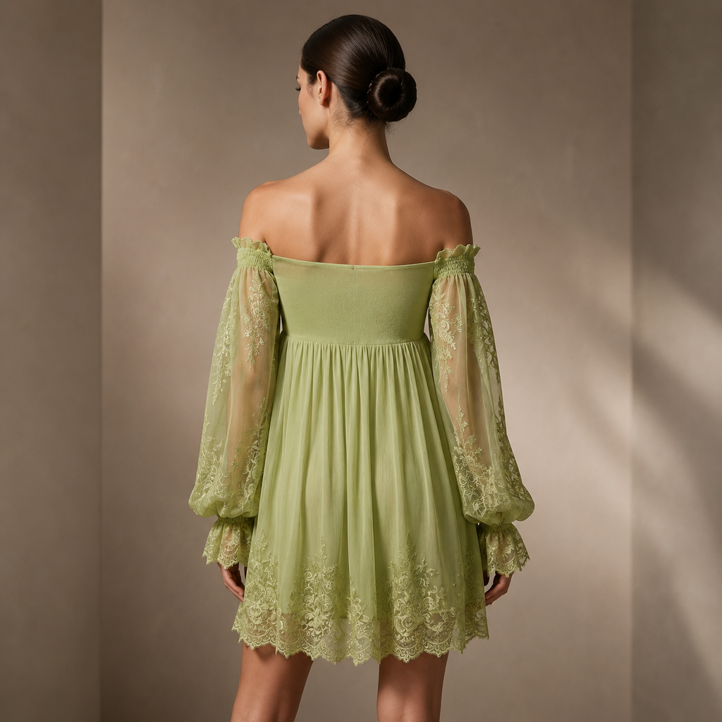 Camille Women’s Off-Shoulder Lace Dress – Sheer Sleeve Midi Dress