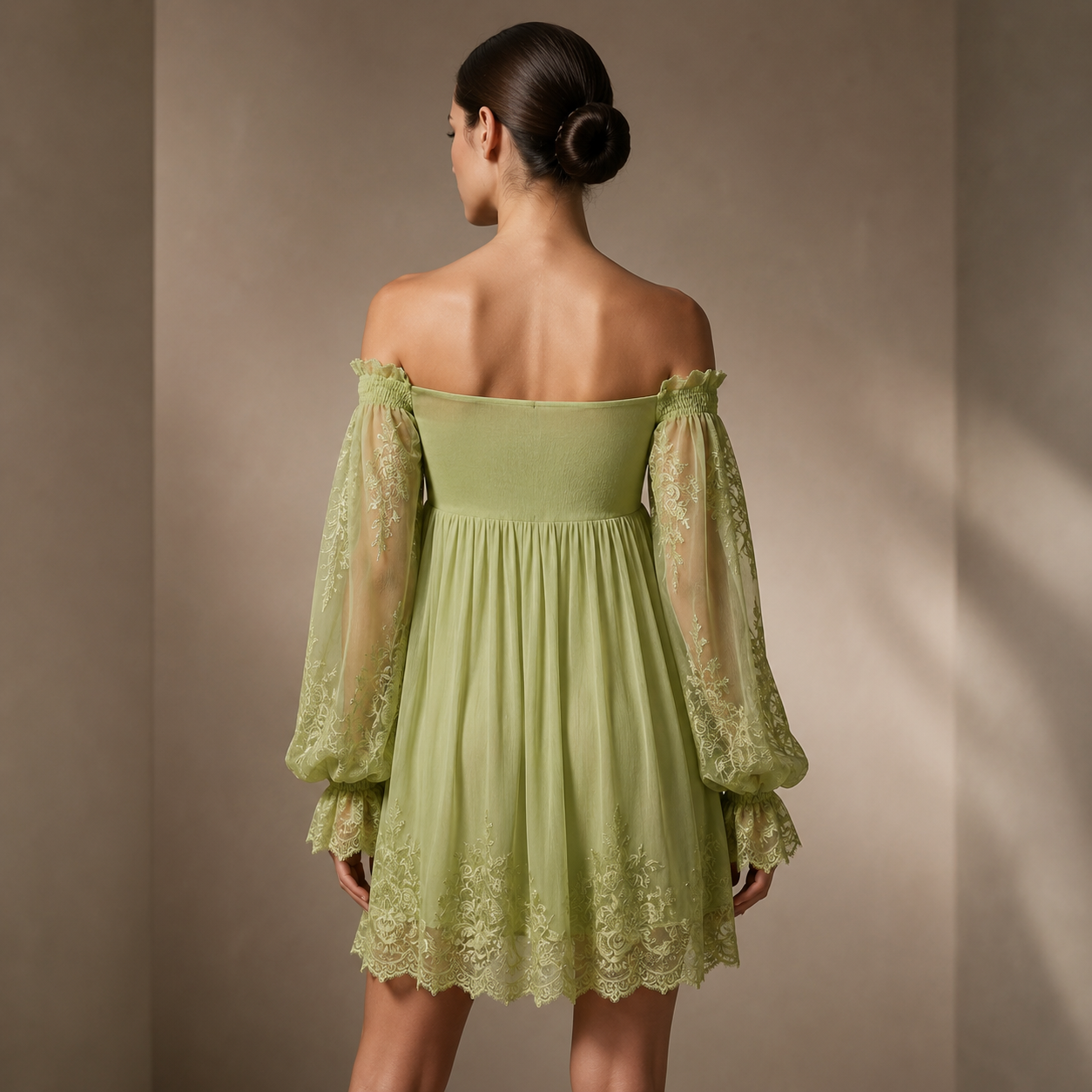 Camille Women’s Off-Shoulder Lace Dress – Sheer Sleeve Midi Dress