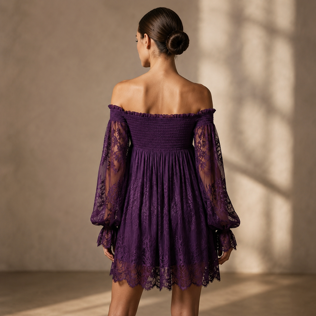 Camille Women’s Off-Shoulder Lace Dress – Sheer Sleeve Midi Dress