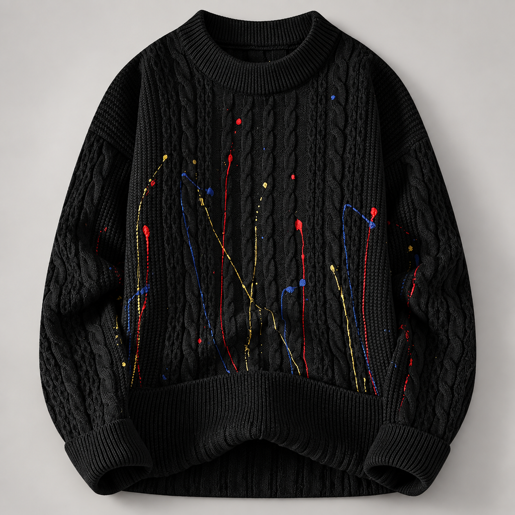 Camille Cable Knit Crewneck Sweater with Colorful Paint Splatter Design