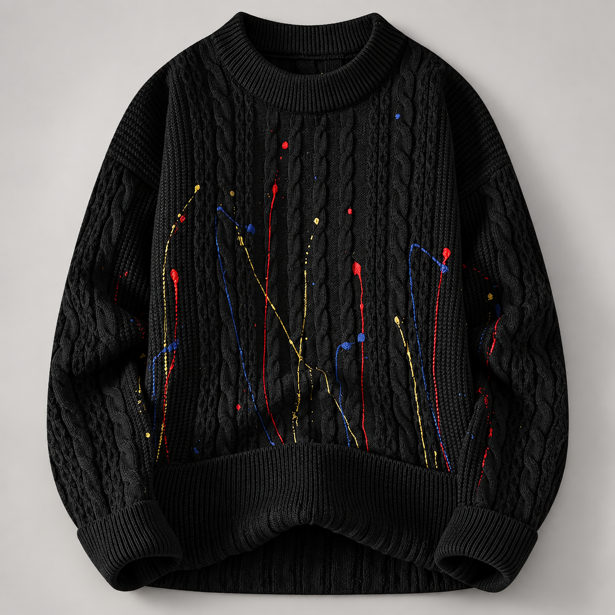 Camille Cable Knit Crewneck Sweater with Colorful Paint Splatter Design