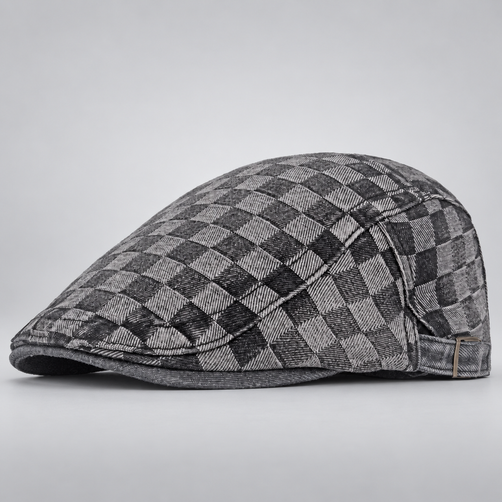 Carlisle Woven Check Denim Flat Cap with Adjustable Buckle Strap