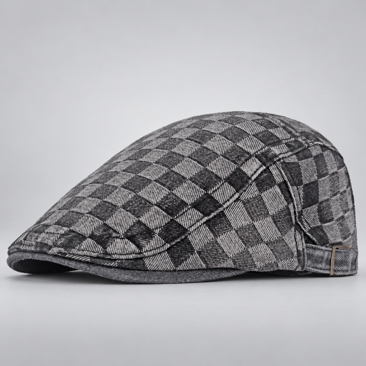 Carlisle Woven Check Denim Flat Cap with Adjustable Buckle Strap