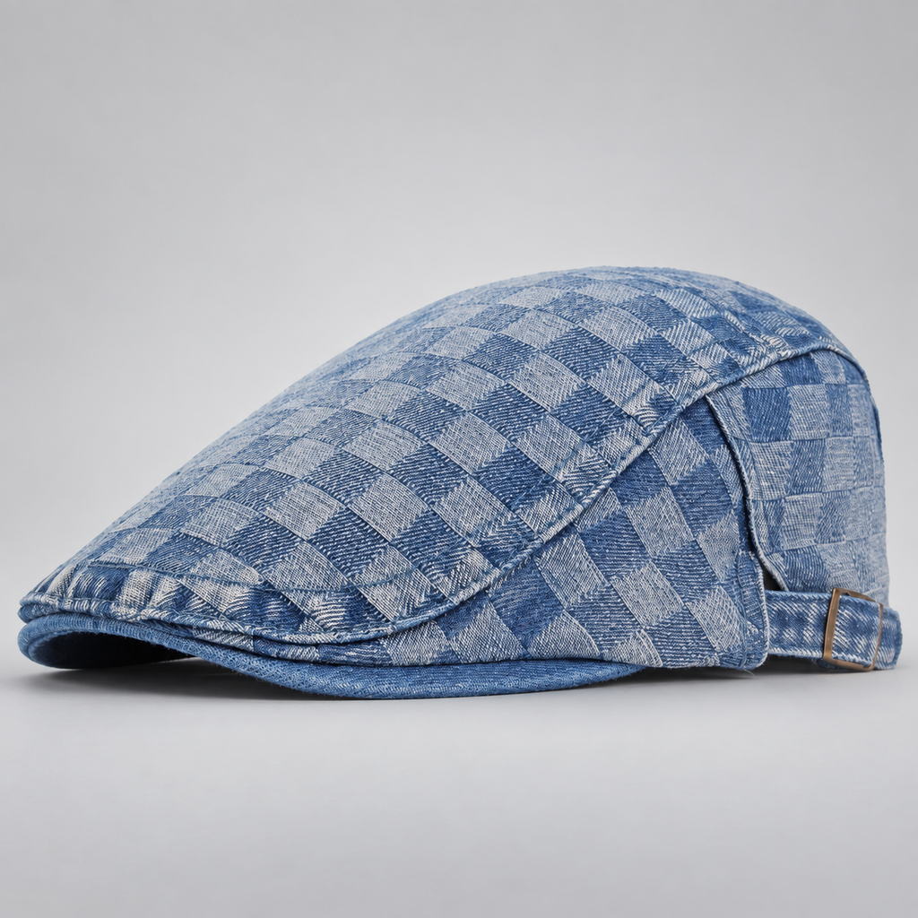 Carlisle Woven Check Denim Flat Cap with Adjustable Buckle Strap