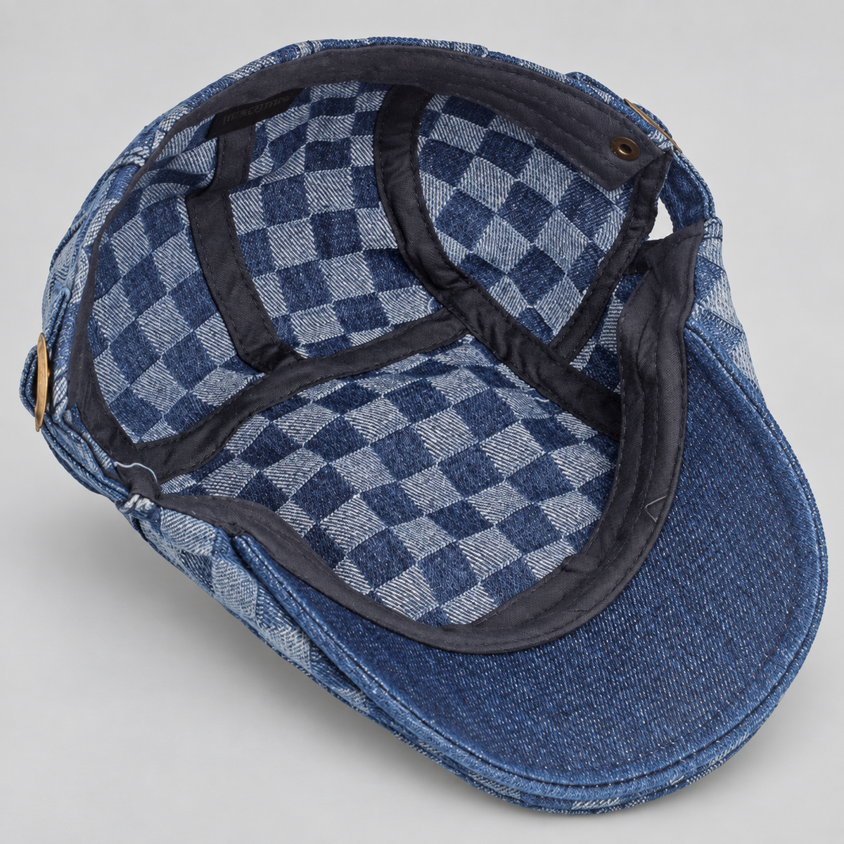 Carlisle Woven Check Denim Flat Cap with Adjustable Buckle Strap