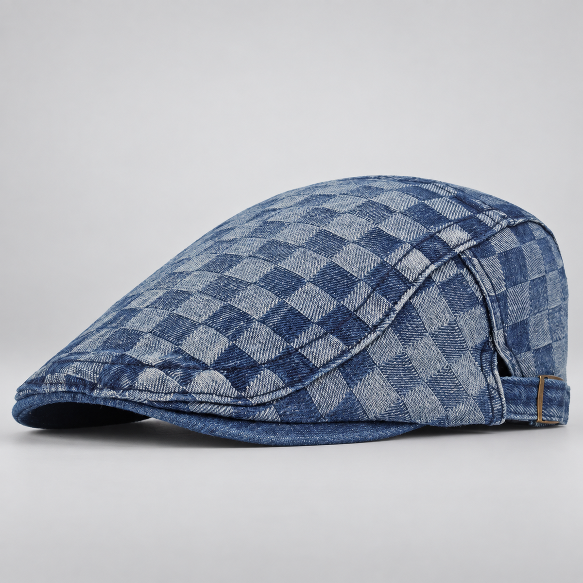 Carlisle Woven Check Denim Flat Cap with Adjustable Buckle Strap