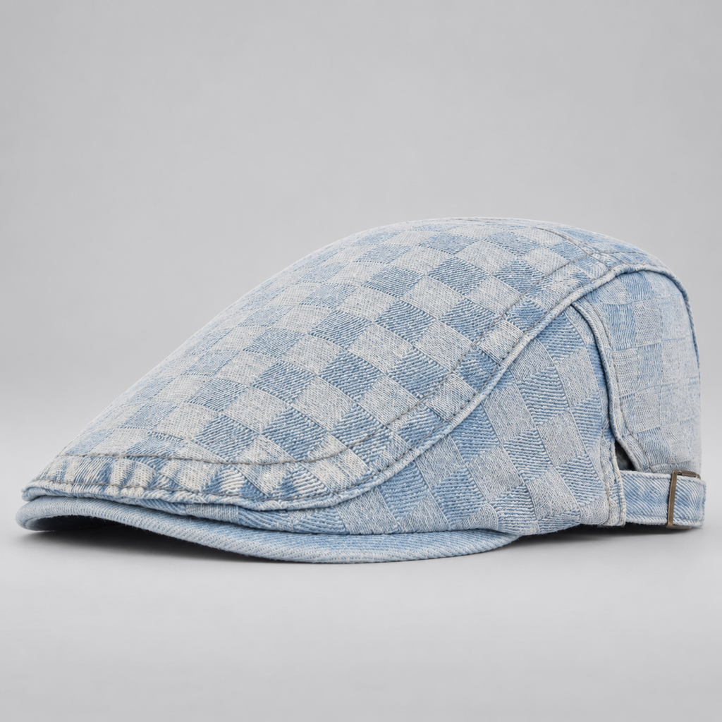 Carlisle Woven Check Denim Flat Cap with Adjustable Buckle Strap