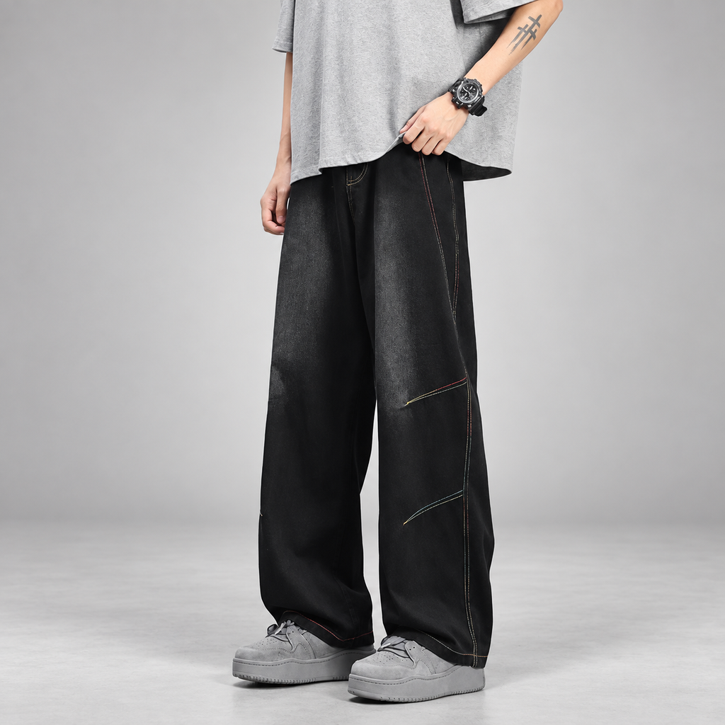 Cedric Men’s Contrast-Stitch Wide-Leg Jeans