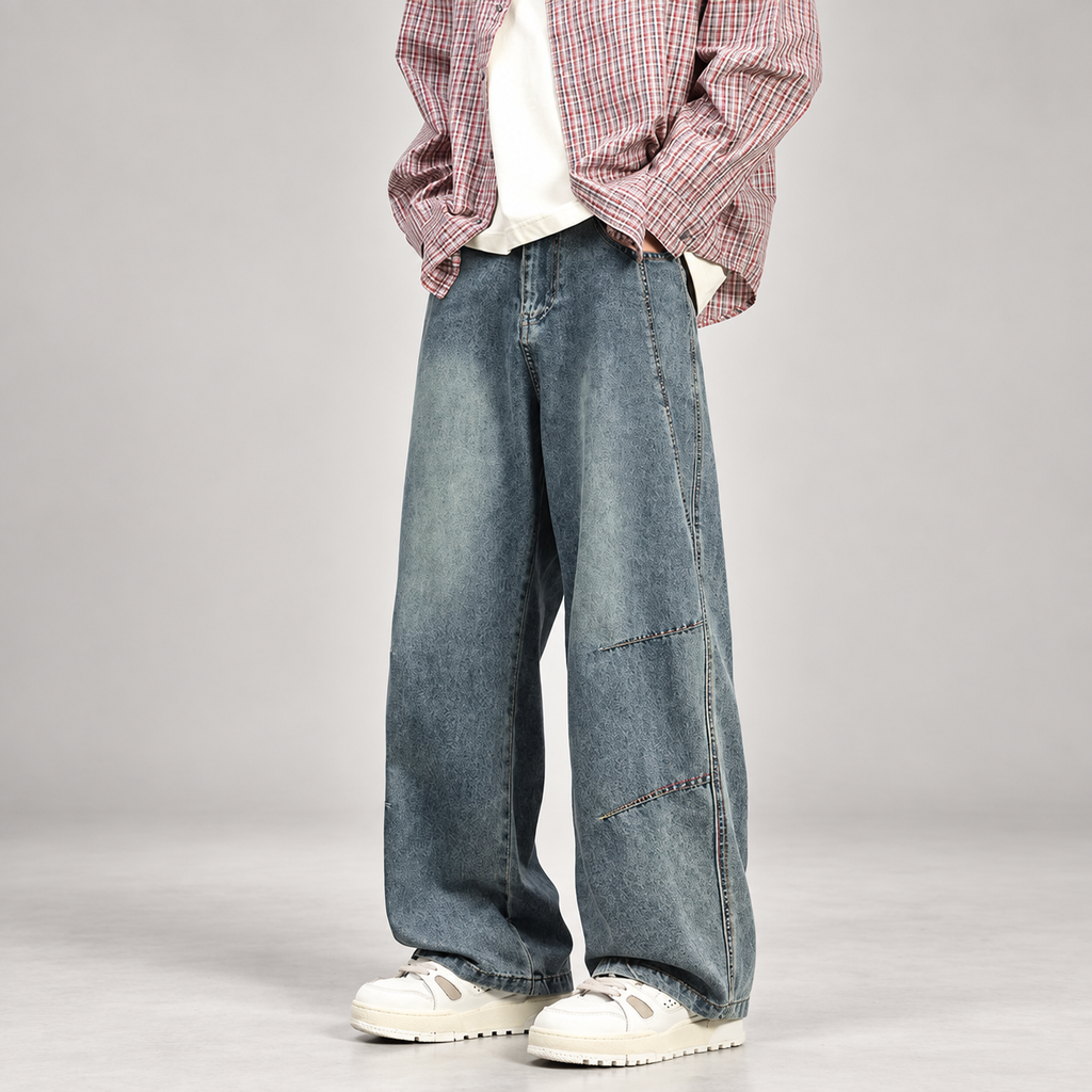 Cedric Men’s Contrast-Stitch Wide-Leg Jeans
