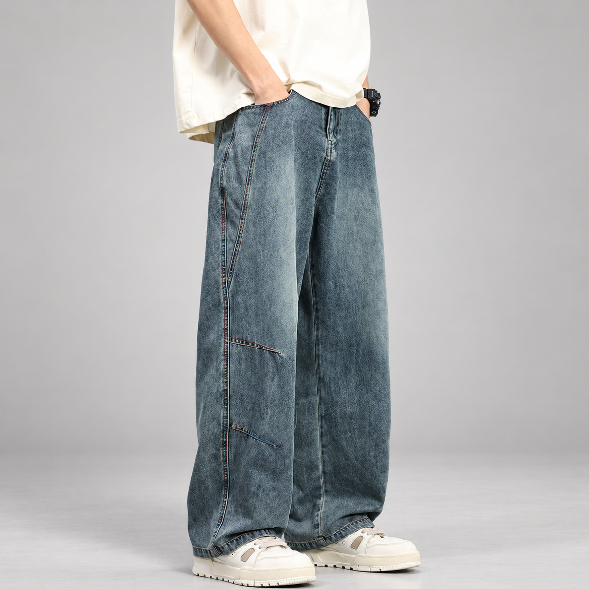 Cedric Men’s Contrast-Stitch Wide-Leg Jeans
