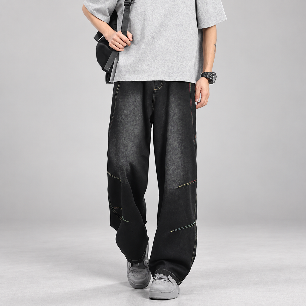 Cedric Men’s Contrast-Stitch Wide-Leg Jeans