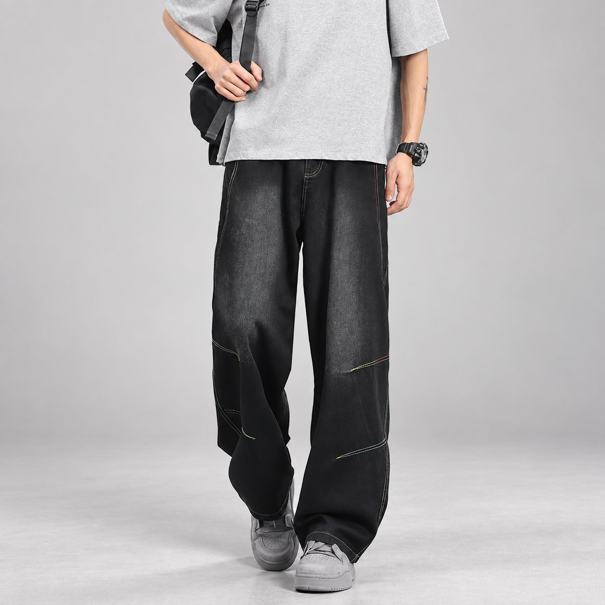 Cedric Men’s Contrast-Stitch Wide-Leg Jeans